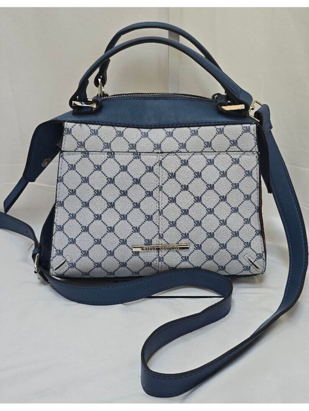 Steve Madden Navy Blue White SM Monogram Satchel Crossbody Handbag